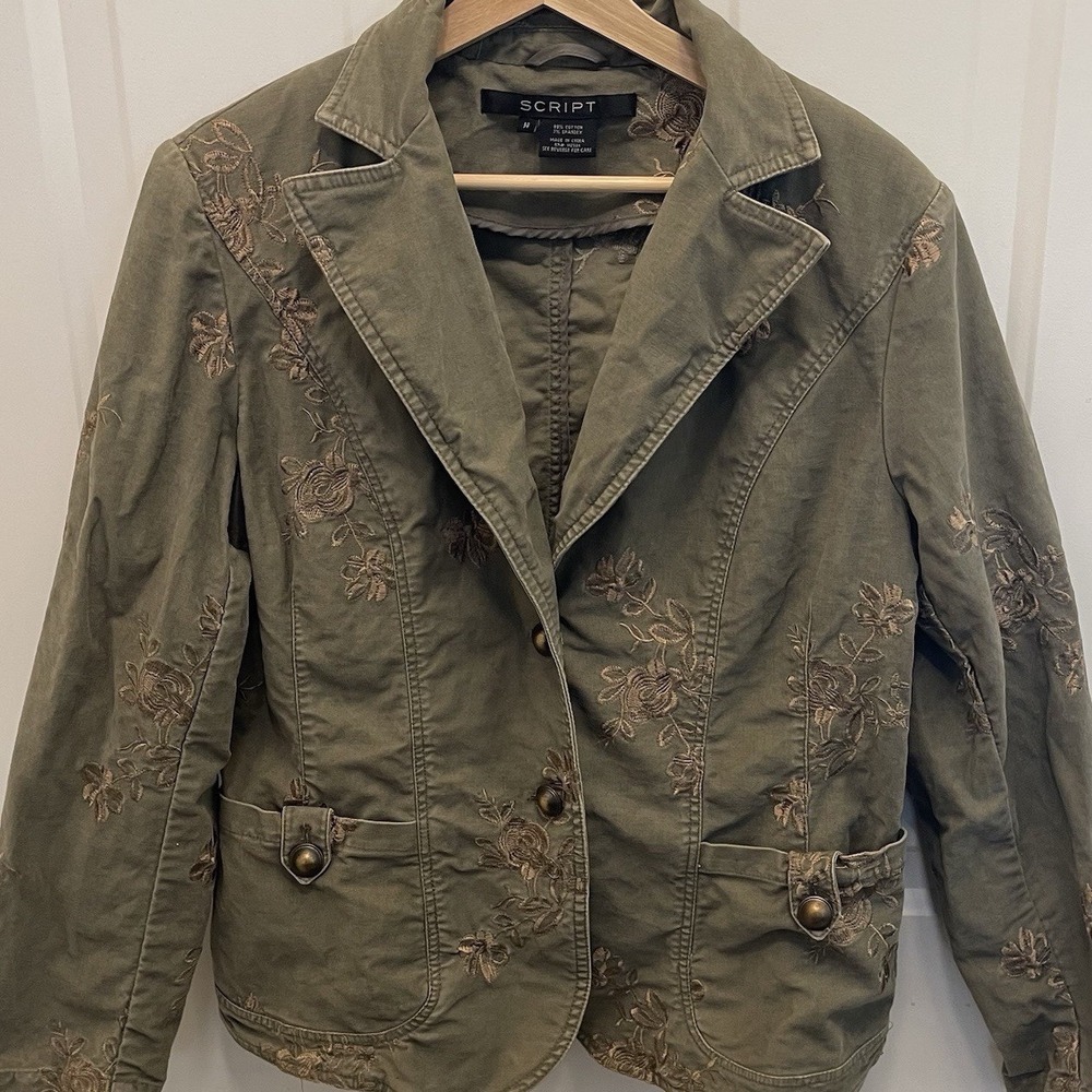 Script Olive Green Floral Embroidered Cotton Blend Blazer Jacket Size 14 Boho